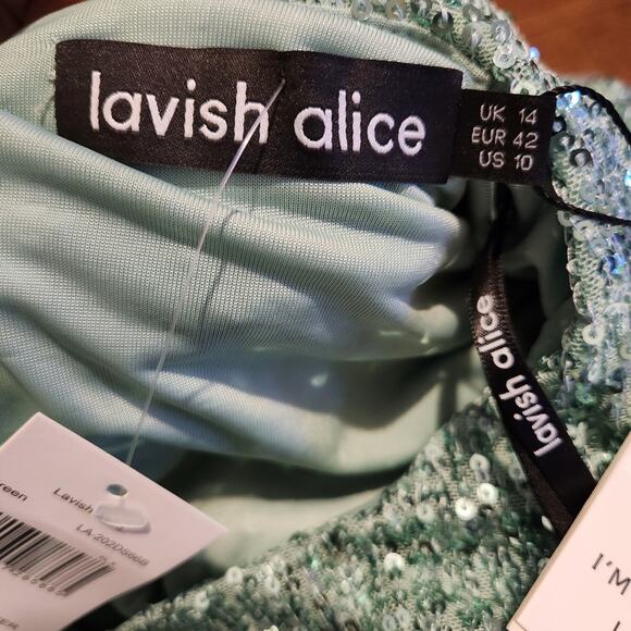 NEW Lavish Alice sage sequin feather embellished dress size 10 - Picture 6 of 6